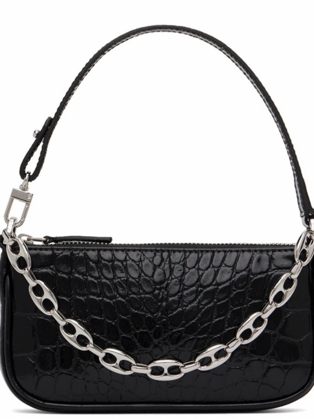 BY FAR Black Croc-Embossed Mini Rachel Shoulder Bag with Silver Chain
